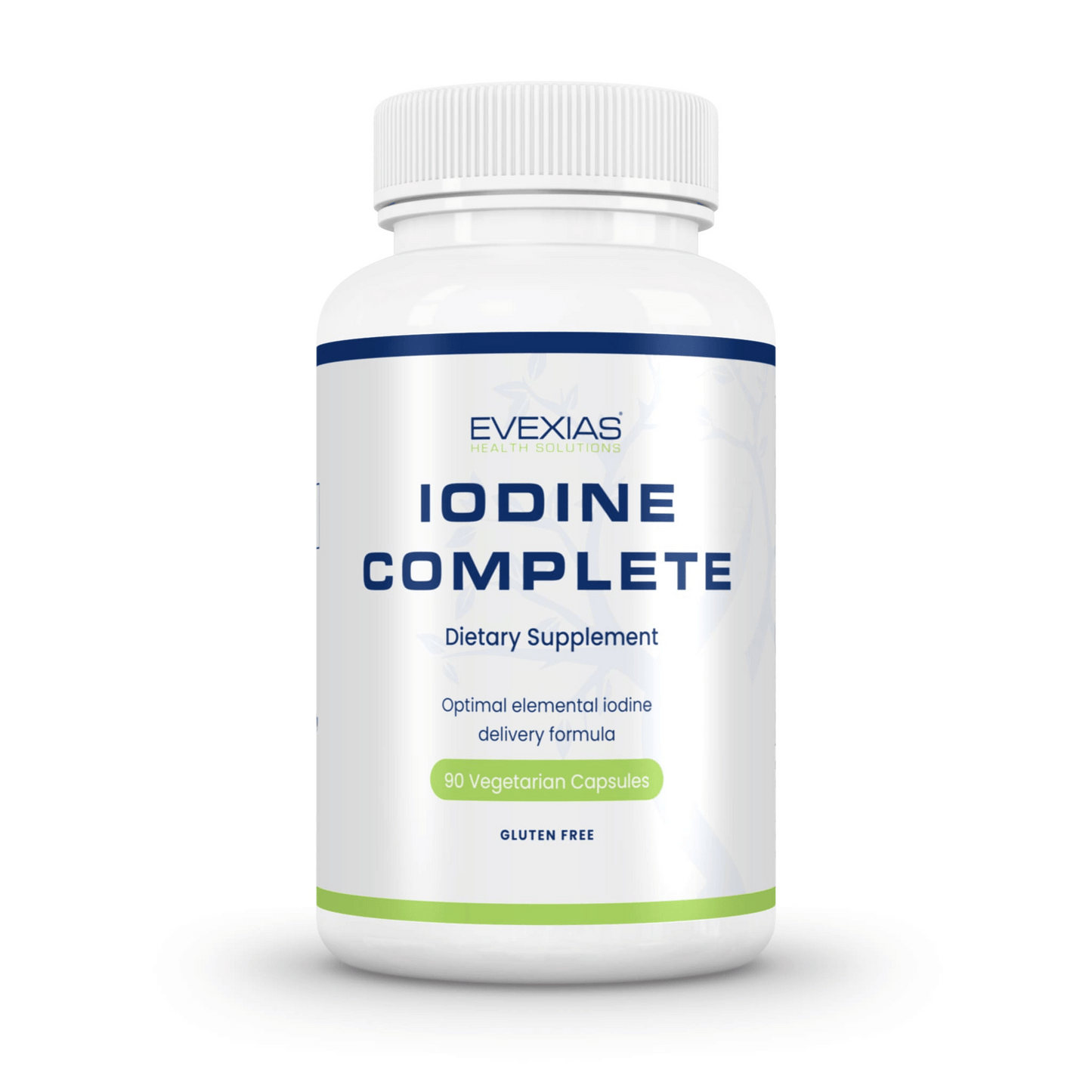 Iodine Complete by Evexias dietary supplement bottle with 90 vegetarian capsules for hormone balance and thyroid health