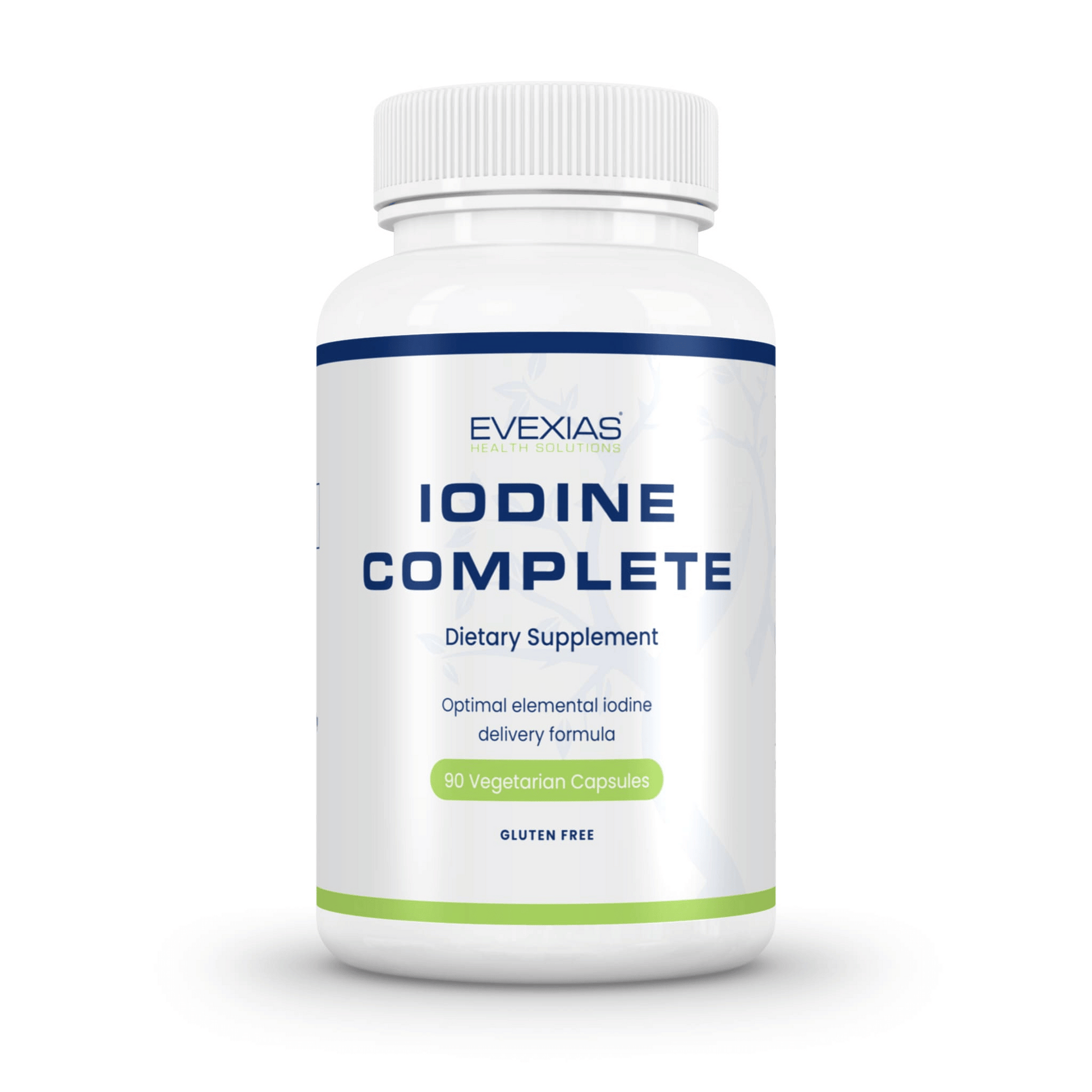 Iodine Complete by Evexias dietary supplement bottle with 90 vegetarian capsules for hormone balance and thyroid health