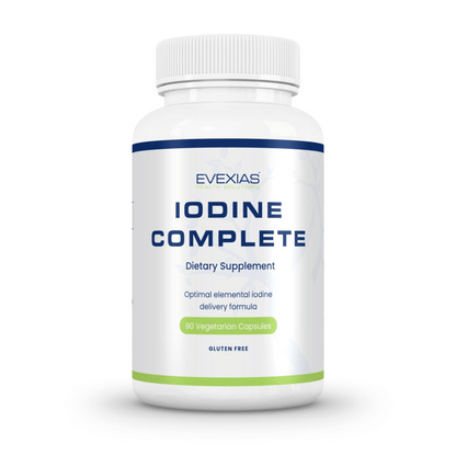 Iodine Complete by Evexias dietary supplement bottle with 90 vegetarian capsules for hormone balance and thyroid health
