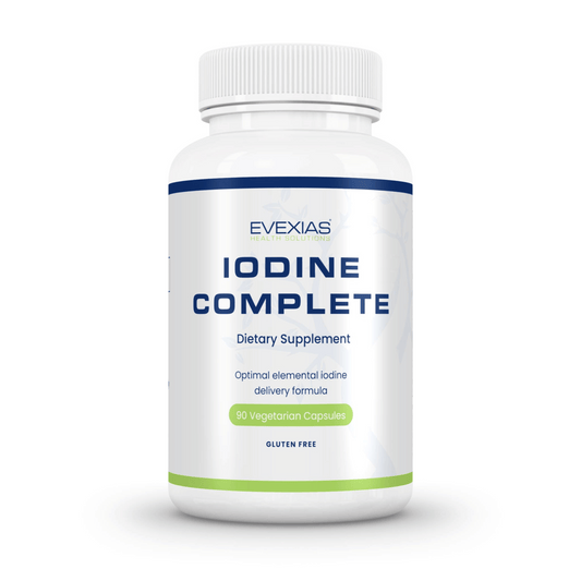 Iodine Complete by Evexias dietary supplement bottle with 90 vegetarian capsules for hormone balance and thyroid health