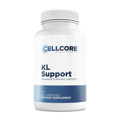 CellCore KL Support dietary supplement bottle for liver and kidney drainage and immune support with 120 capsules.