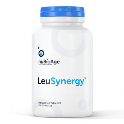 LeuSynergy™ dietary supplement bottle by nuBioAge with 120 capsules for metabolic support and weight management