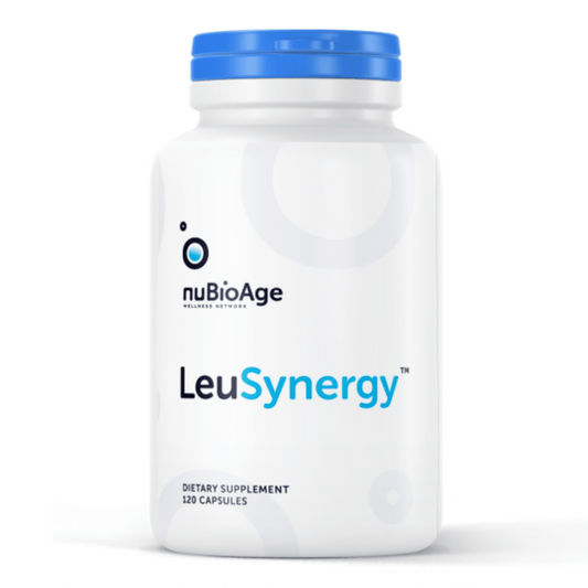 LeuSynergy™ dietary supplement bottle by nuBioAge with 120 capsules for metabolic support and weight management