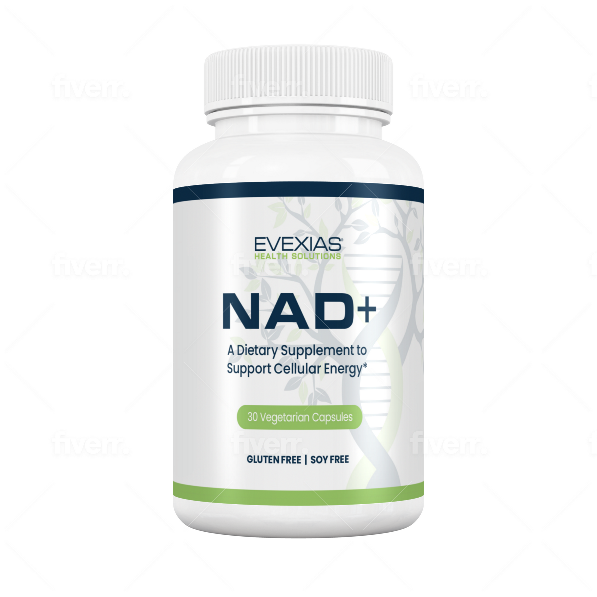 NAD+ by Evexias dietary supplement bottle promoting cellular energy with 30 vegetarian capsules, gluten and soy free.