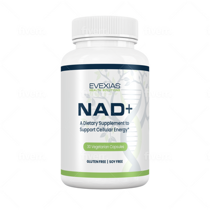 NAD+ by Evexias dietary supplement bottle promoting cellular energy with 30 vegetarian capsules, gluten and soy free.