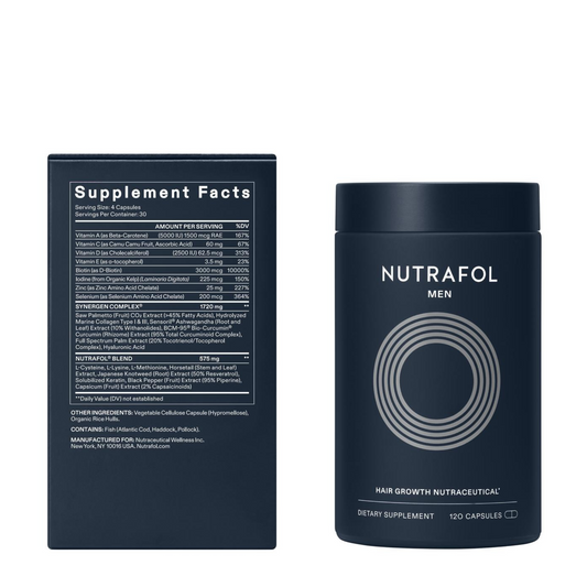 Nutrafol for Men hair growth supplement bottle and supplement facts label on dark blue packaging