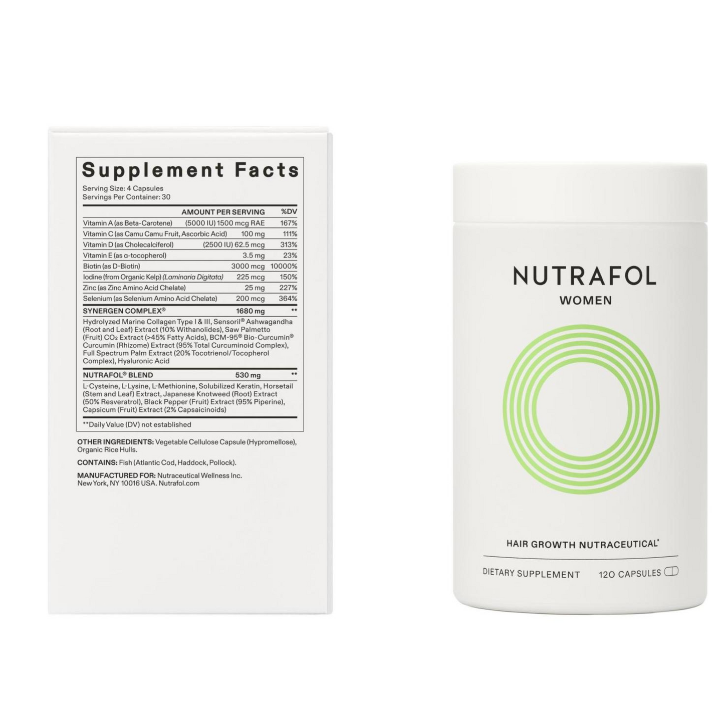 Nutrafol for Women hair growth supplement bottle and back label with supplement facts and ingredients.