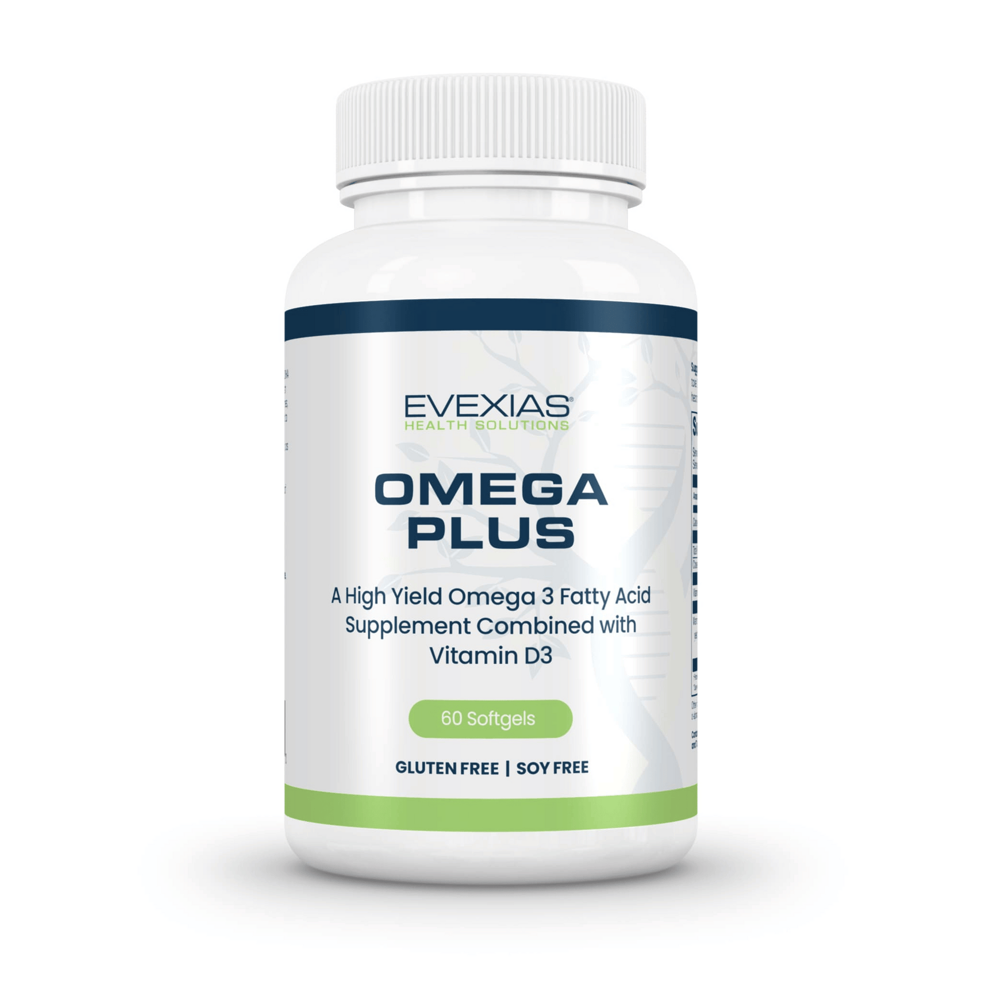 Bottle of Omega Plus by Evexias high-potency Omega 3 and Vitamin D3 supplement with 60 softgels, gluten and soy free