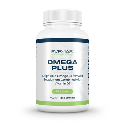 Bottle of Omega Plus by Evexias high-potency Omega 3 and Vitamin D3 supplement with 60 softgels, gluten and soy free