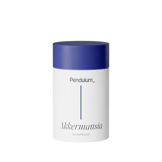 Pendulum Akkermansia supplement container with blue lid on a white background