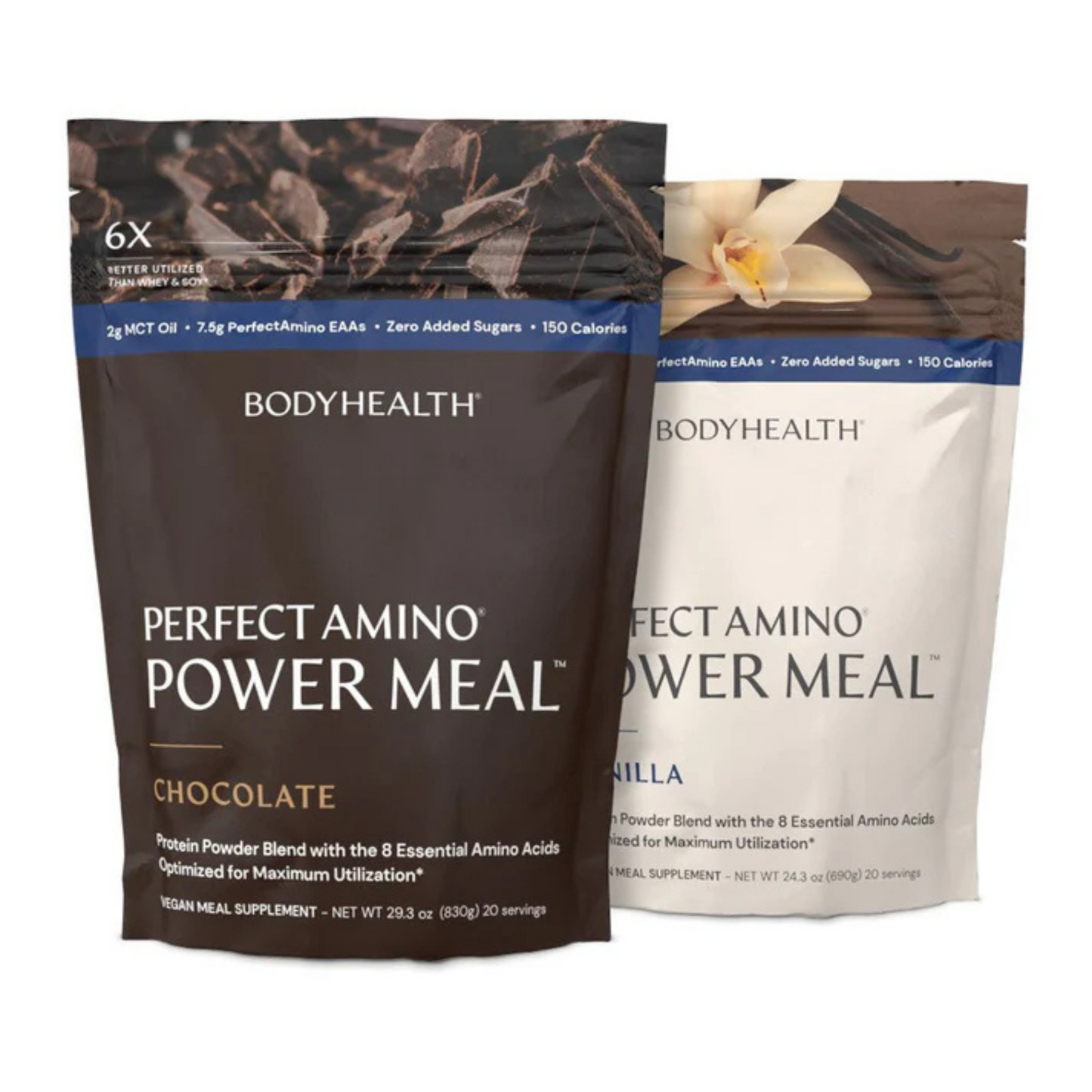 Perfect Amino Power Meal by Body Health chocolate and vanilla protein powder meal replacement packs