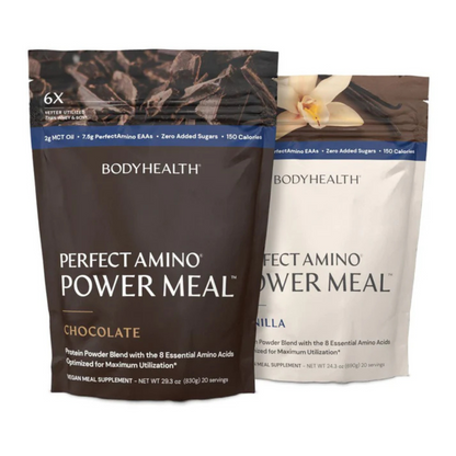 Perfect Amino Power Meal by Body Health chocolate and vanilla protein powder meal replacement packs