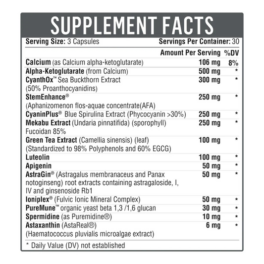 Prime Time+ supplement facts panel listing spermidine, fucoidan, and other longevity nutrients