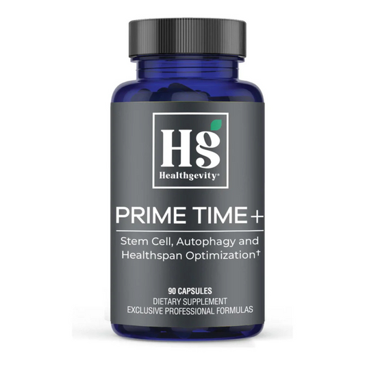 Prime Time+ by Healthgevity supplement bottle front label showing advanced longevity and stem cell support formula