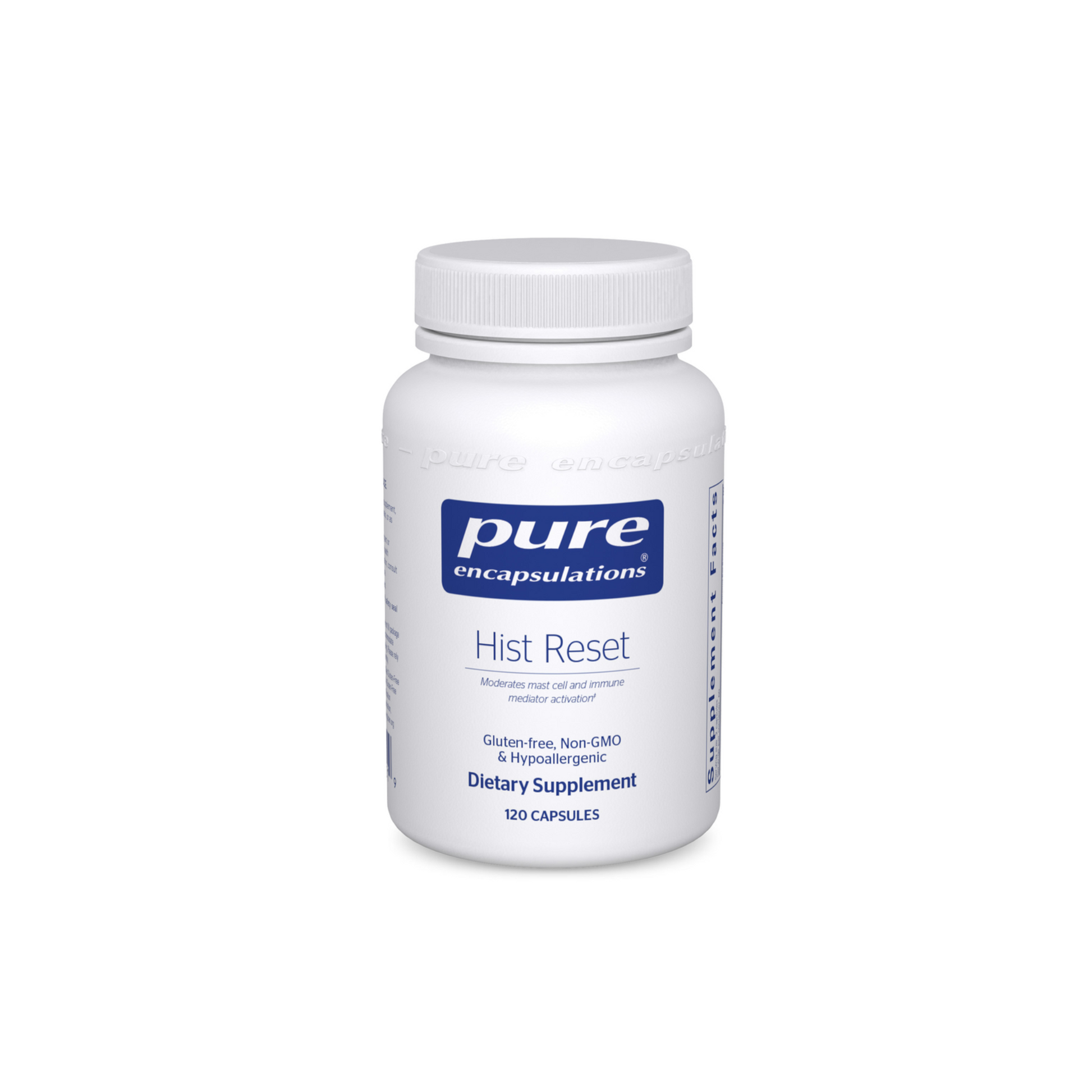 Pure Encapsulations Hist Reset supplement bottle for histamine balance, immune support, and healthy inflammatory response.