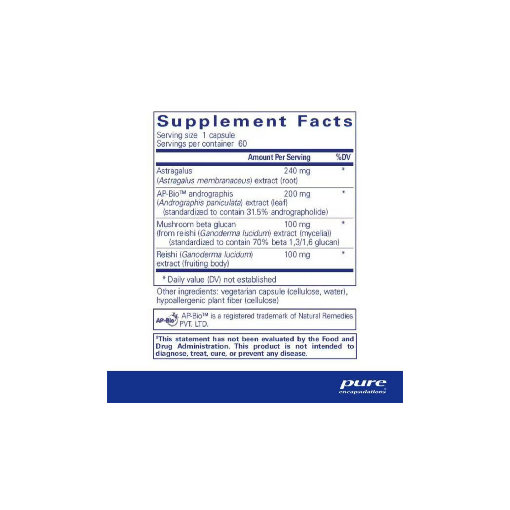 Pure Encapsulations Innate Immune Support supplement facts showing ingredients and nutrition information.