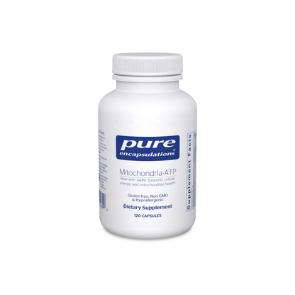 Front view of Pure Encapsulations Mitochondrial-ATP supplement bottle for mitochondrial health and cellular energy support.