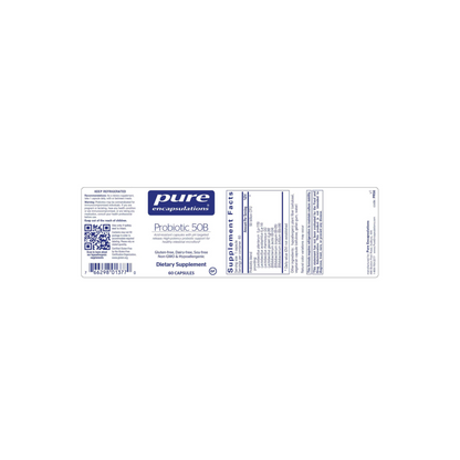 Pure Encapsulations Probiotic 50B supplement label showing probiotic strains, 50 billion CFU, and digestive and immune health support.