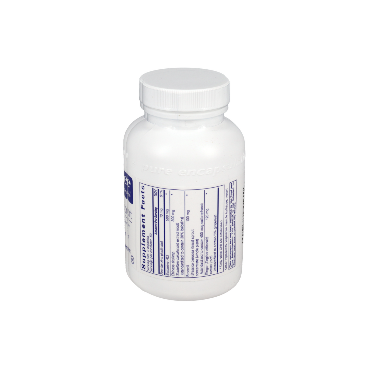 Back label of Pure Encapsulations Th1 Support supplement bottle showing ingredients and dosage for supporting healthy Th1 immune response.