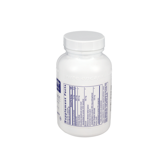 Back label of Pure Encapsulations Th1 Support supplement bottle showing ingredients and dosage for supporting healthy Th1 immune response.