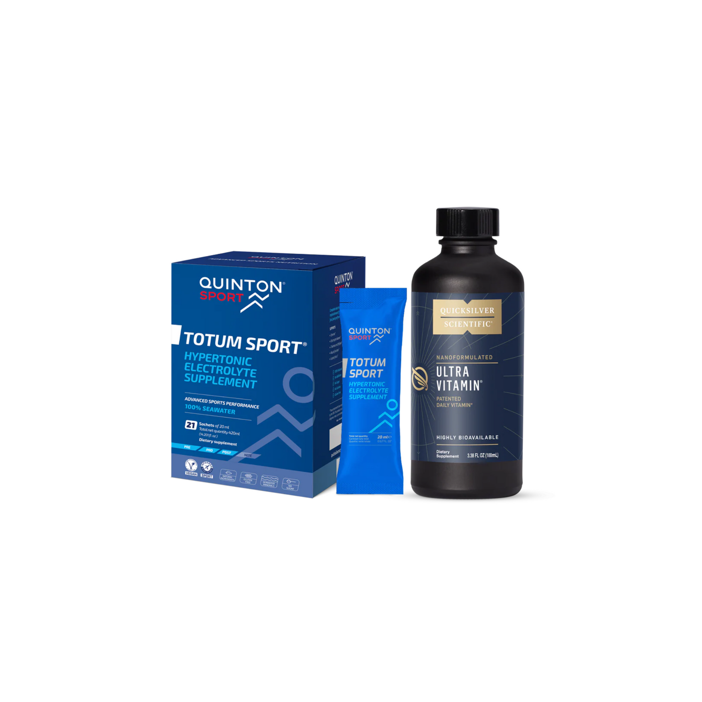 Quicksilver Athlete Essentials Bundle with Quinton Totum Sport electrolytes and Quicksilver Scientific Ultra Vitamin liposomal multivitamin for hydration, recovery, and wellness support