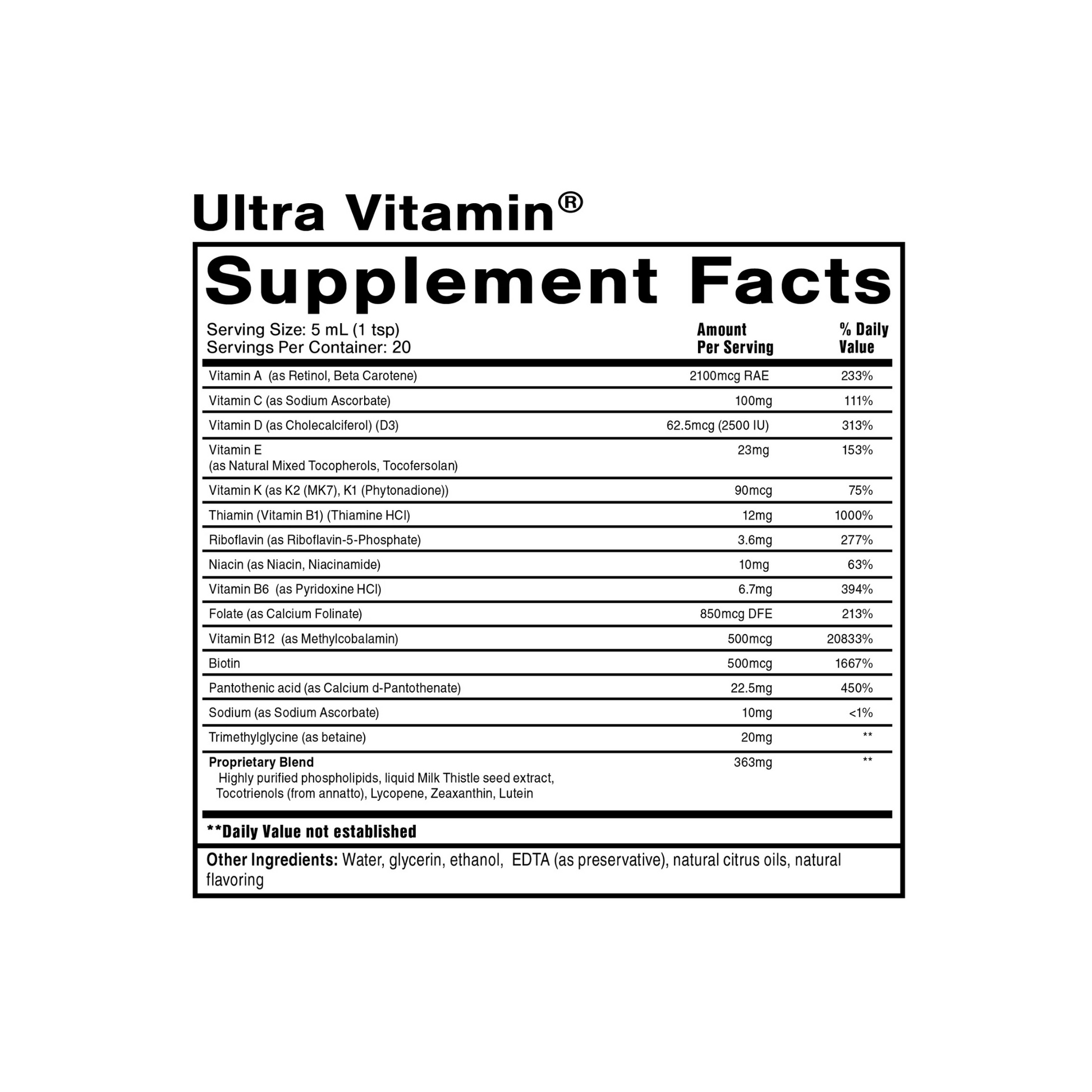 Quicksilver Scientific Ultra Vitamin Supplement Facts label showing patented liquid liposomal multivitamin for daily energy, immunity, and wellness support