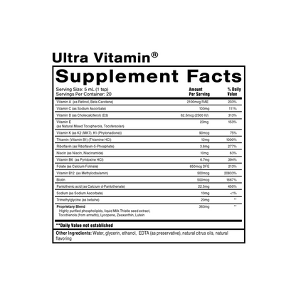 Quicksilver Scientific Ultra Vitamin Supplement Facts label showing patented liposomal multivitamin for energy, immunity, and foundational wellness