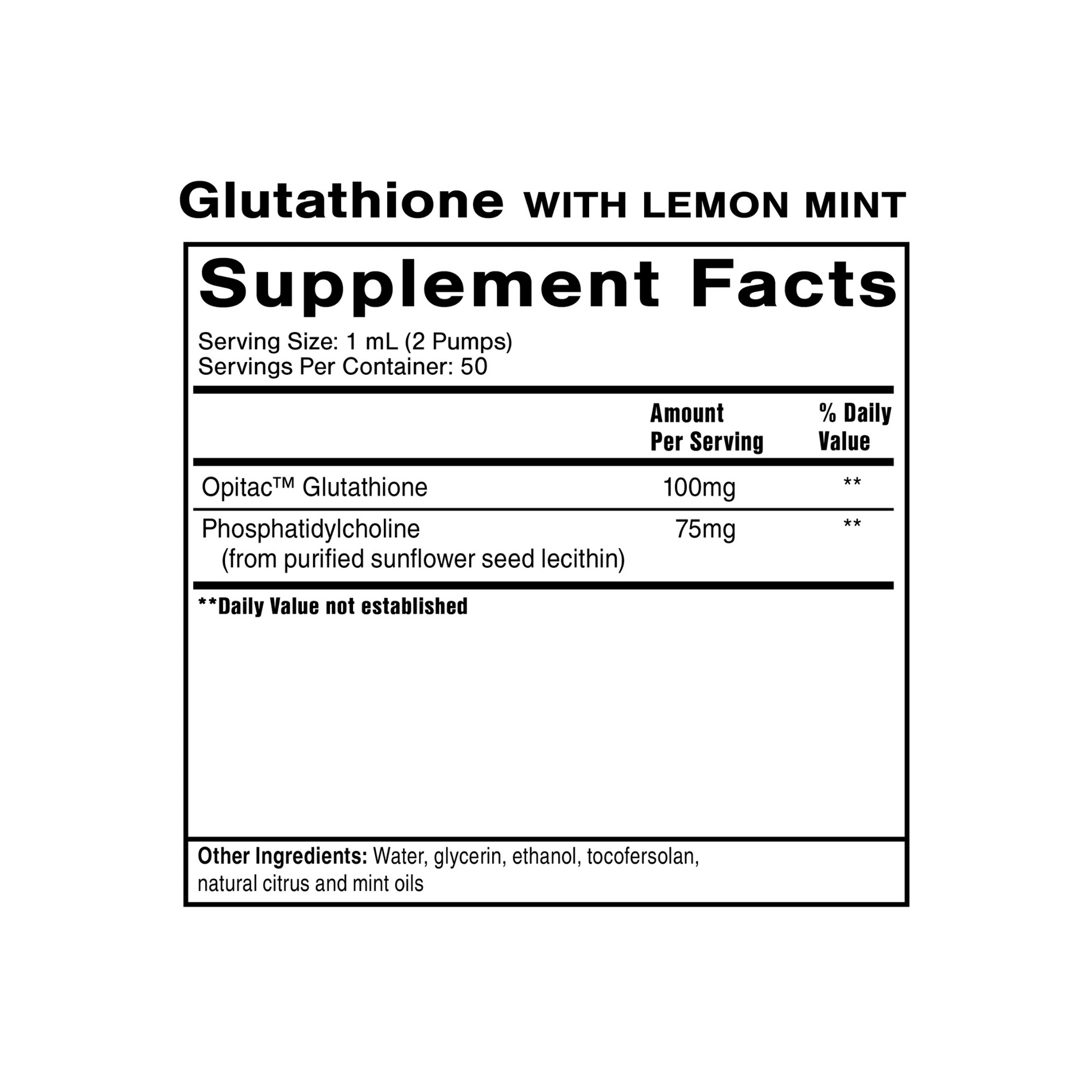 Quicksilver Scientific Liposomal Glutathione Lemon Mint Supplement Facts label showing antioxidant formula for detoxification, liver support, and immune health