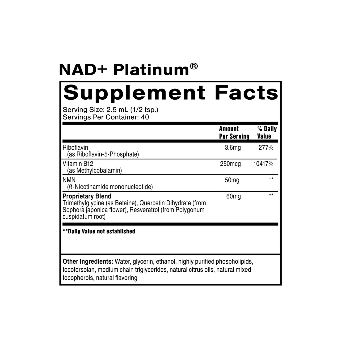 Quicksilver Scientific NAD+ Platinum Supplement Facts label showing nicotinamide mononucleotide formula to support NAD+ levels and cellular energy