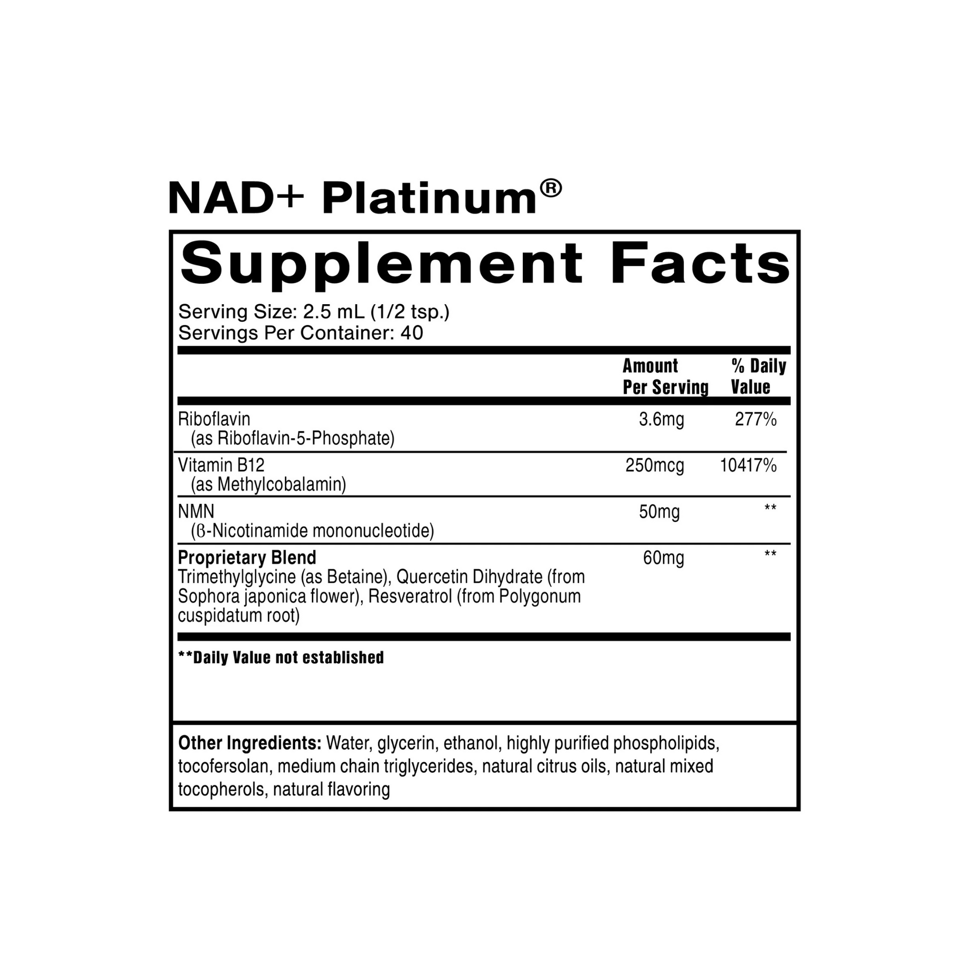 Quicksilver Scientific NAD+ Platinum Supplement Facts label showing nicotinamide mononucleotide formula to support NAD+ levels and cellular energy