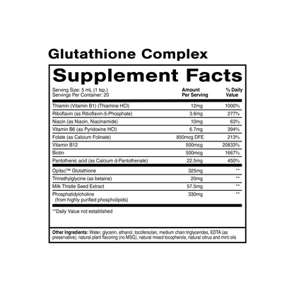 Quicksilver Scientific Glutathione Complex Supplement Facts label showing antioxidant blend for detoxification, liver support, and immune defense