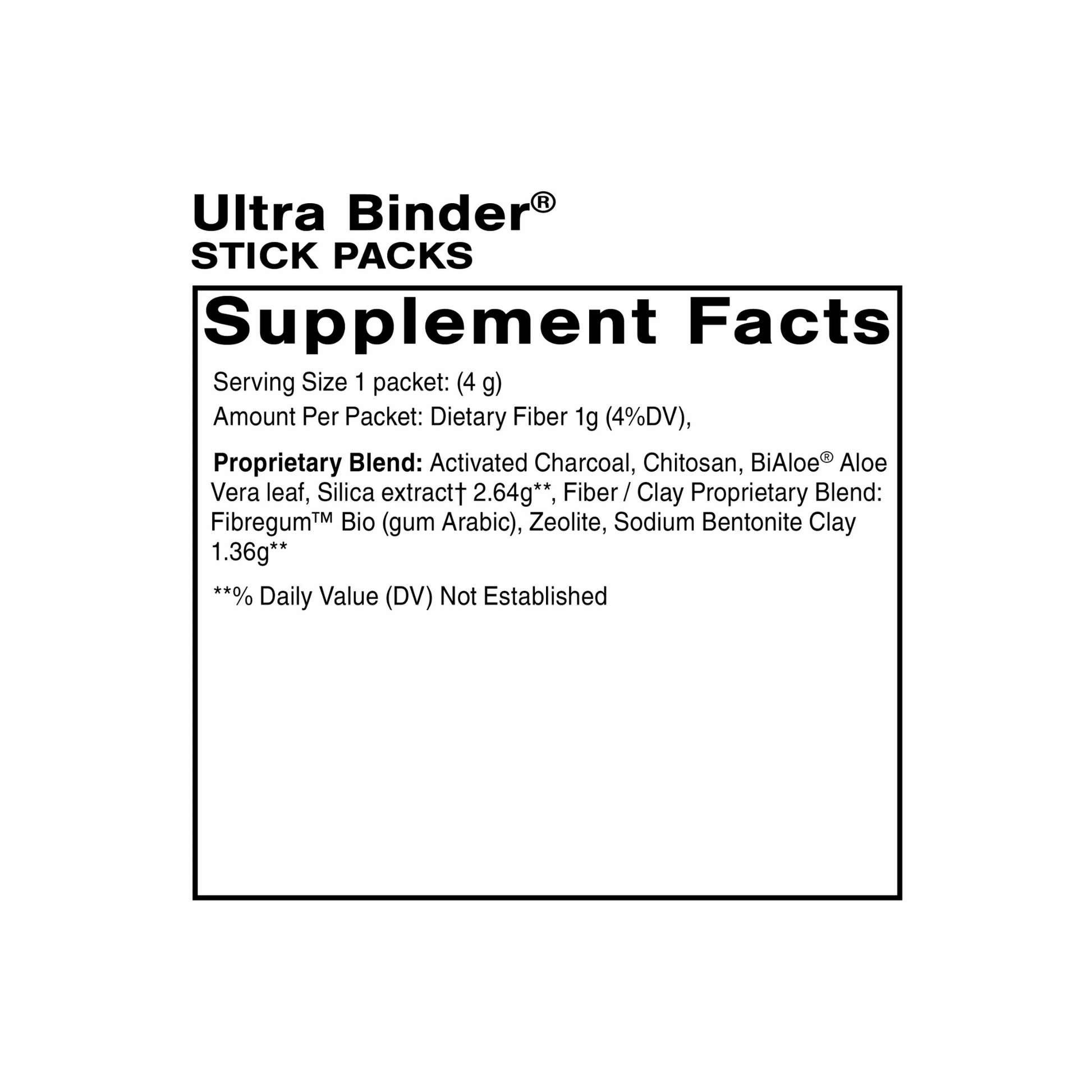 Quicksilver Scientific Ultra Binder Supplement Facts label showing multi-binder formula with charcoal and clay for toxin capture and safe elimination