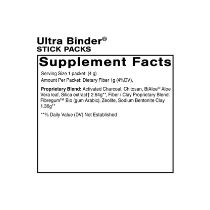 Quicksilver Scientific Ultra Binder Supplement Facts label showing multi-binder formula with charcoal and clay for toxin capture and safe elimination