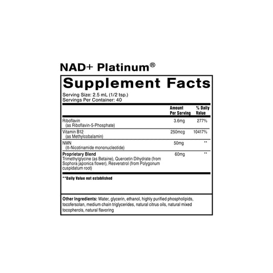 NAD+ Platinum supplement facts panel by Quicksilver Scientific showing NMN precursor and supporting nutrients