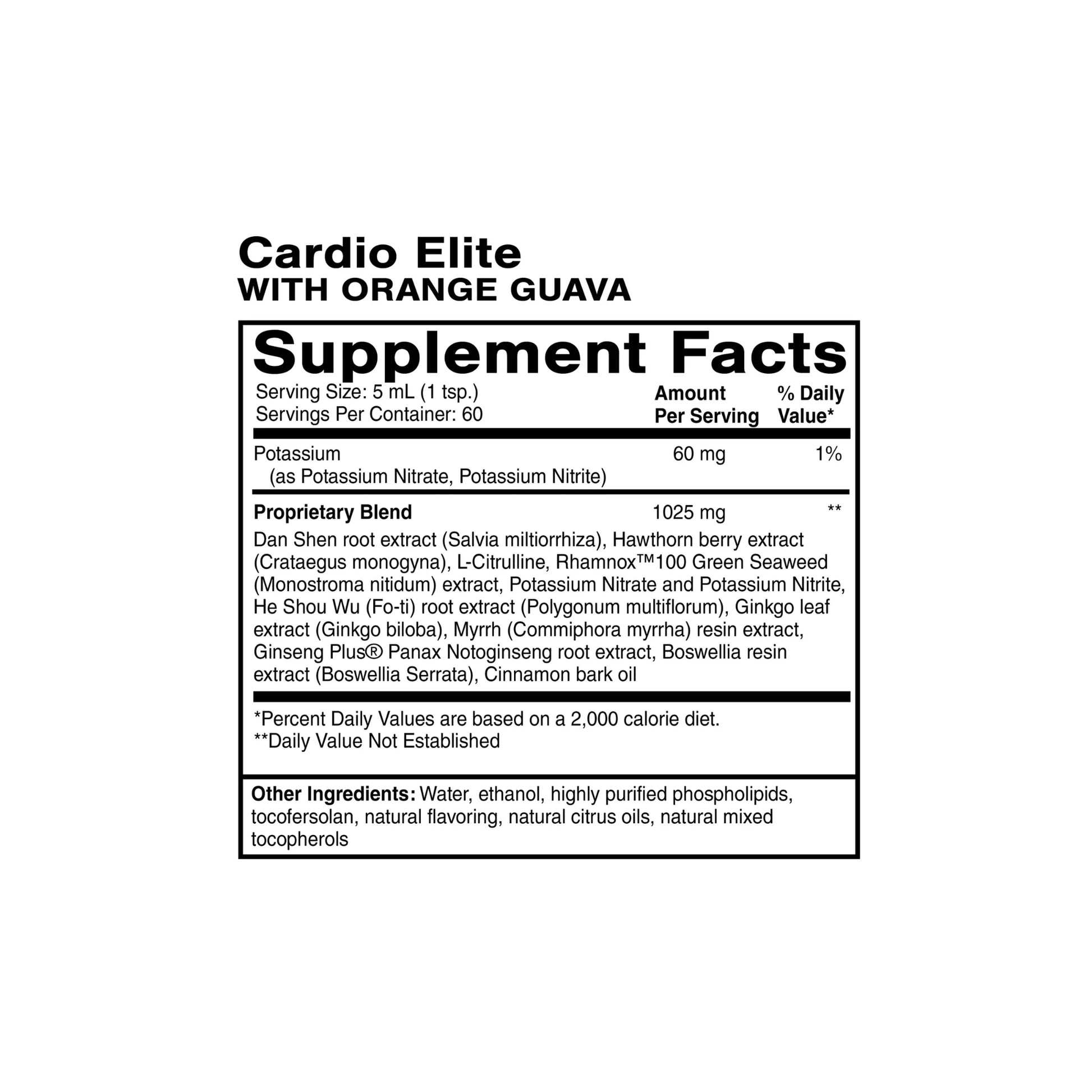 Cardio Elite 300ml by Quicksilver Scientific supplement facts label showing ingredients and dosage