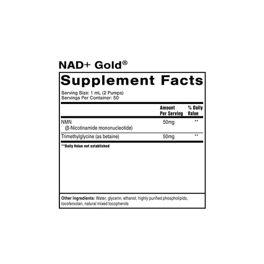 NAD Gold supplement facts panel by Quicksilver Scientific