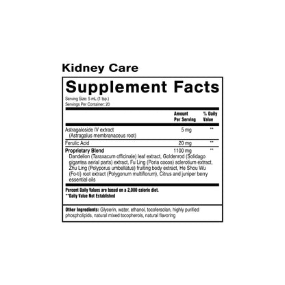 Supplement facts label for Kidney Care showing ingredients and dosing information