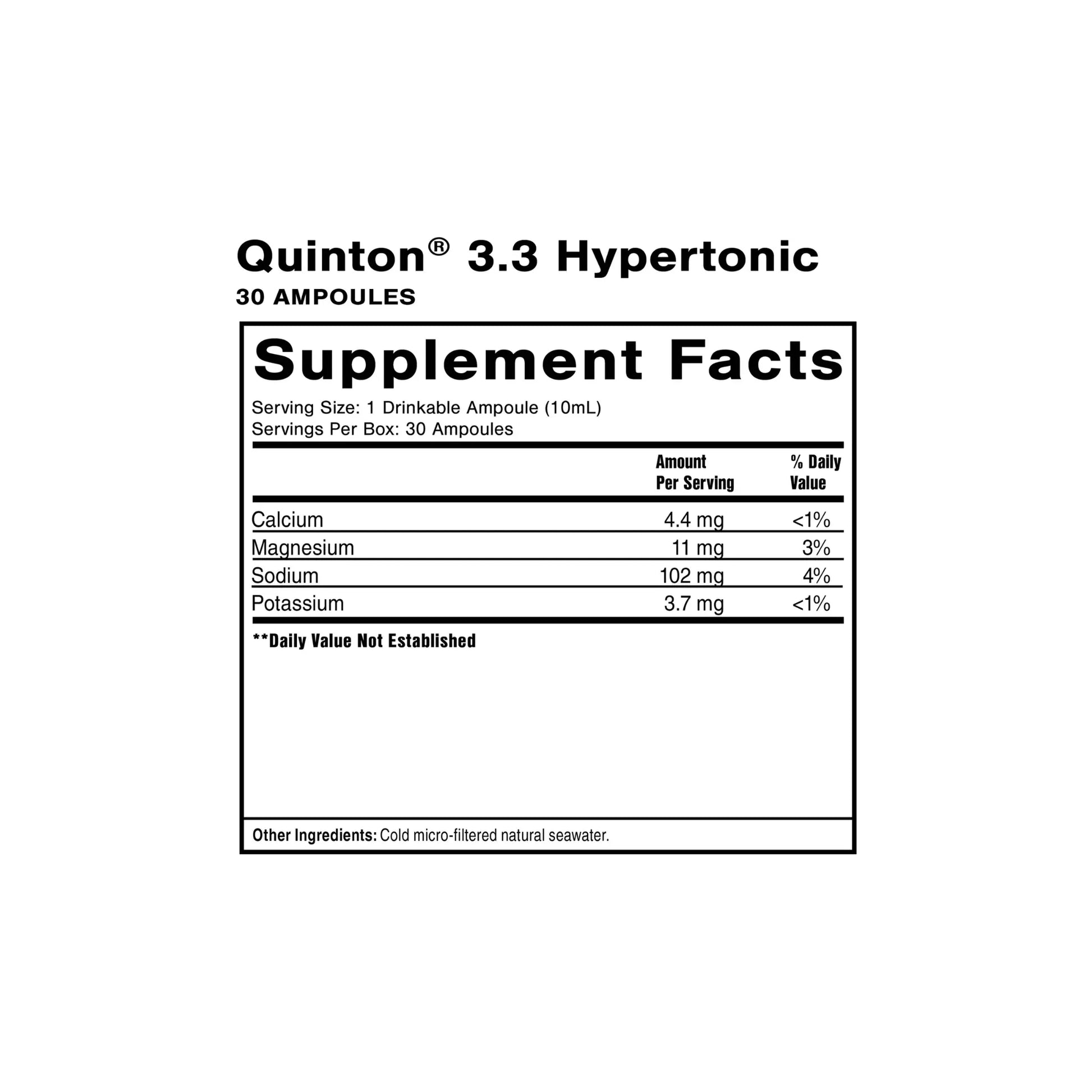 Quinton 3.3 hypertonic ampoules supplement facts panel with pure seawater and bioavailable ionic minerals