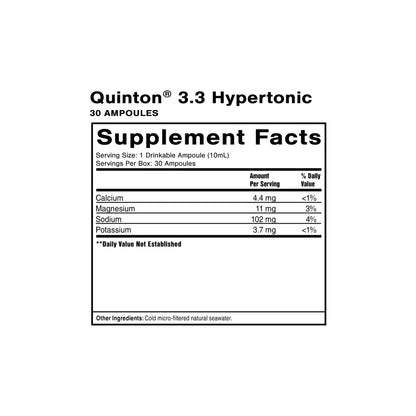 Quinton 3.3 hypertonic ampoules supplement facts panel with pure seawater and bioavailable ionic minerals