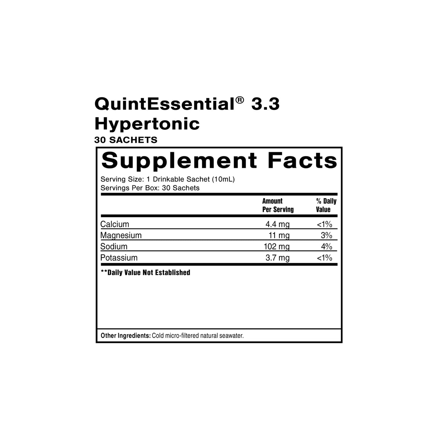 QuintEssential 3.3 hypertonic sachets supplement facts panel featuring mineral rich seawater concentrate
