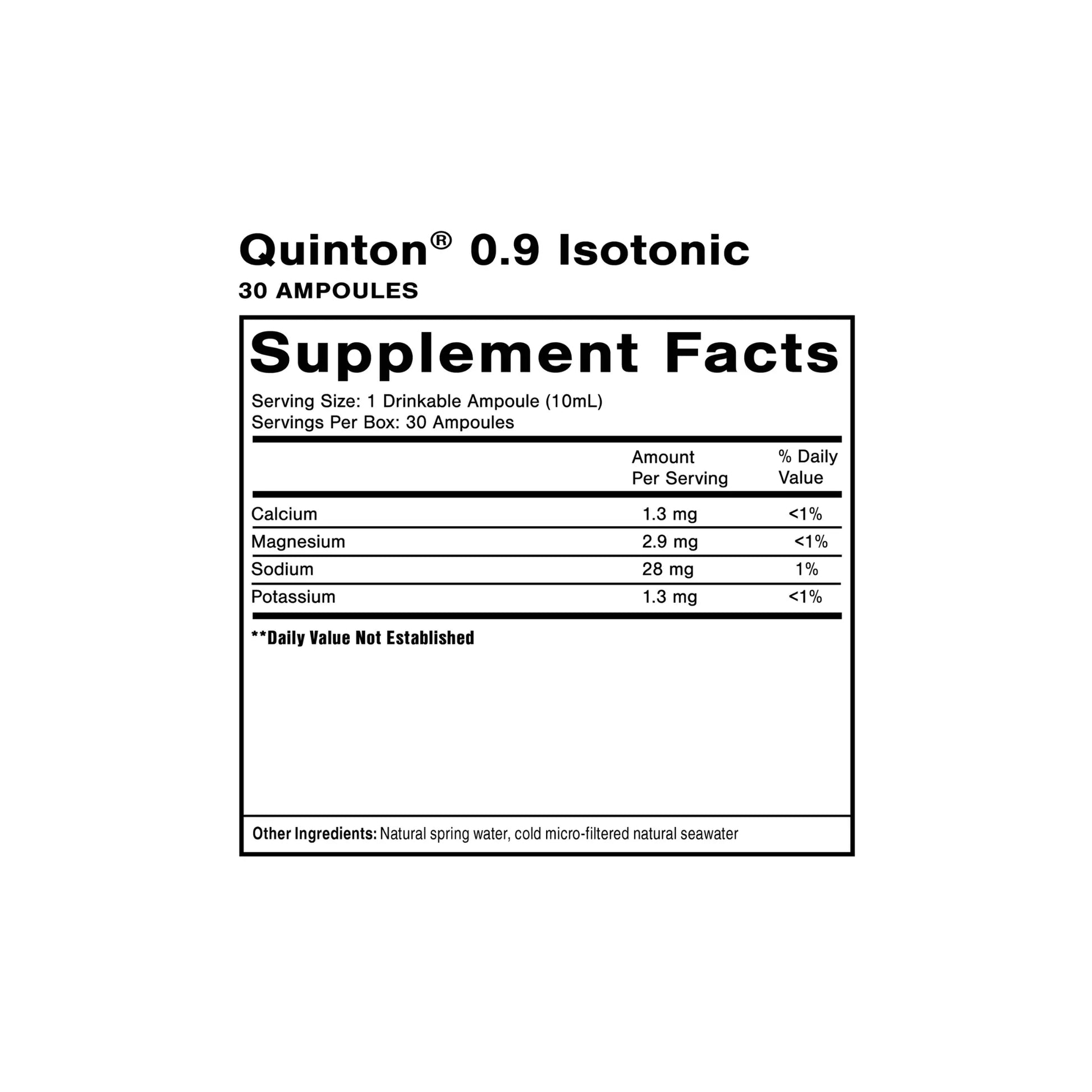 Quinton 0.9 isotonic ampoules supplement facts panel with organic ocean minerals diluted with alpine spring water