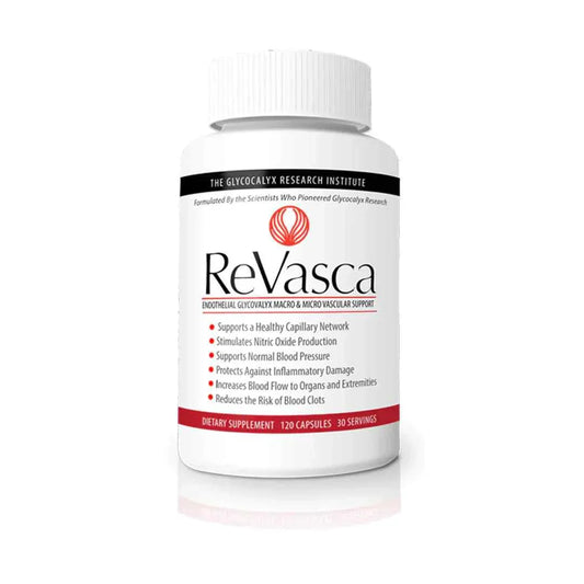 ReVasca Capsules bottle by GlycoCalyx supporting circulatory health with natural ingredients and 120 capsules.