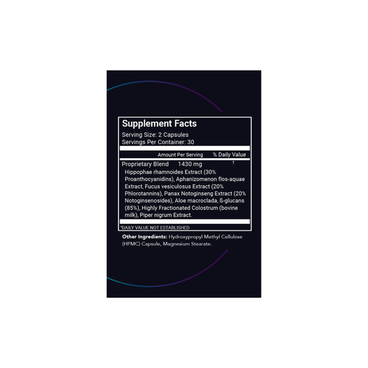 Supplement Facts label for STEMREGEN Release showing natural ingredients including AFA extract, sea buckthorn, aloe macroclada, and fucoidan for stem cell support