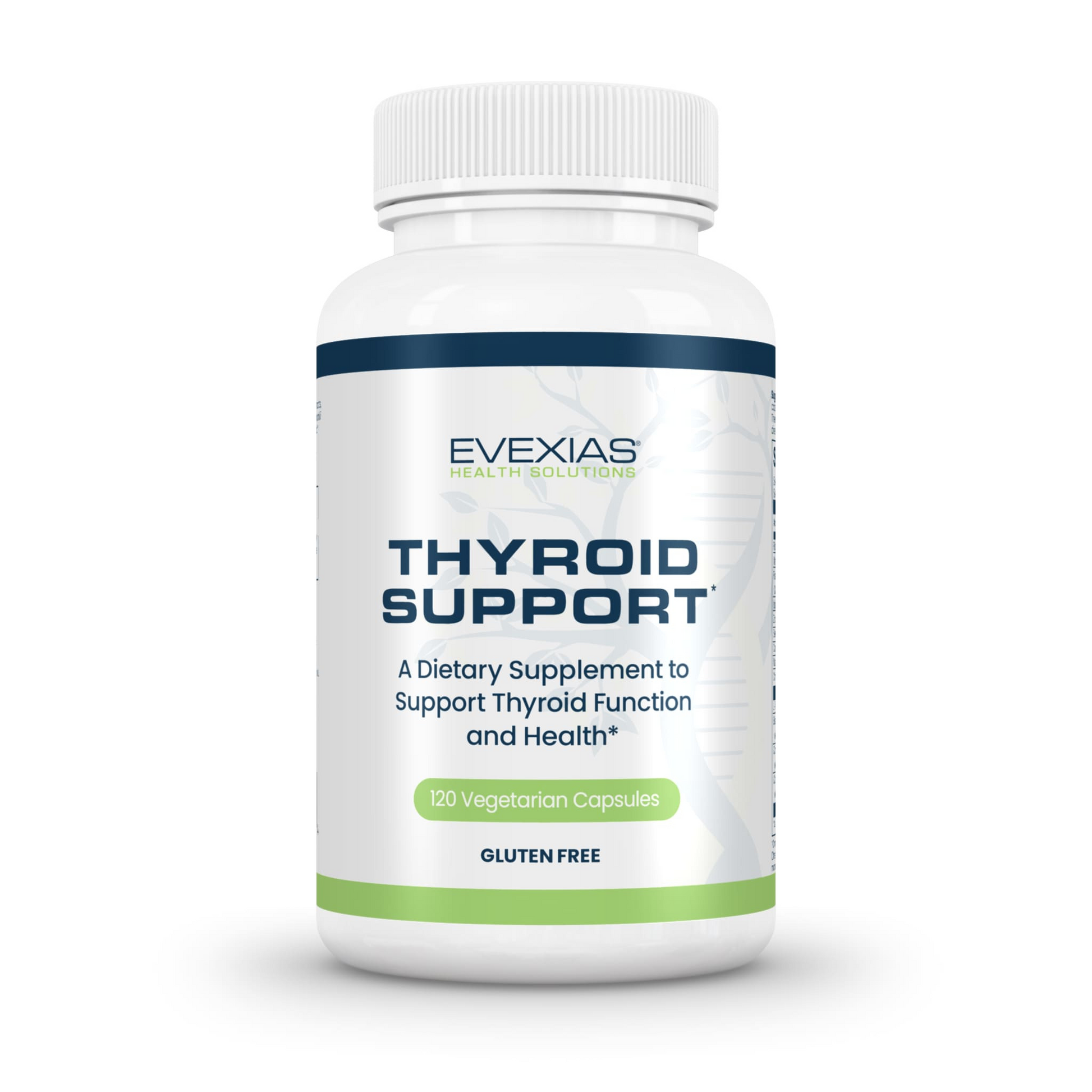 Evexias Thyroid Support dietary supplement bottle with 120 vegetarian capsules for thyroid health and function, gluten free.