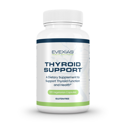 Evexias Thyroid Support dietary supplement bottle with 120 vegetarian capsules for thyroid health and function, gluten free.