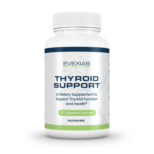 Evexias Thyroid Support dietary supplement bottle with 120 vegetarian capsules for thyroid health and function, gluten free.