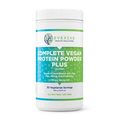 evexias health vegan protein powder plus chocolate bottle front