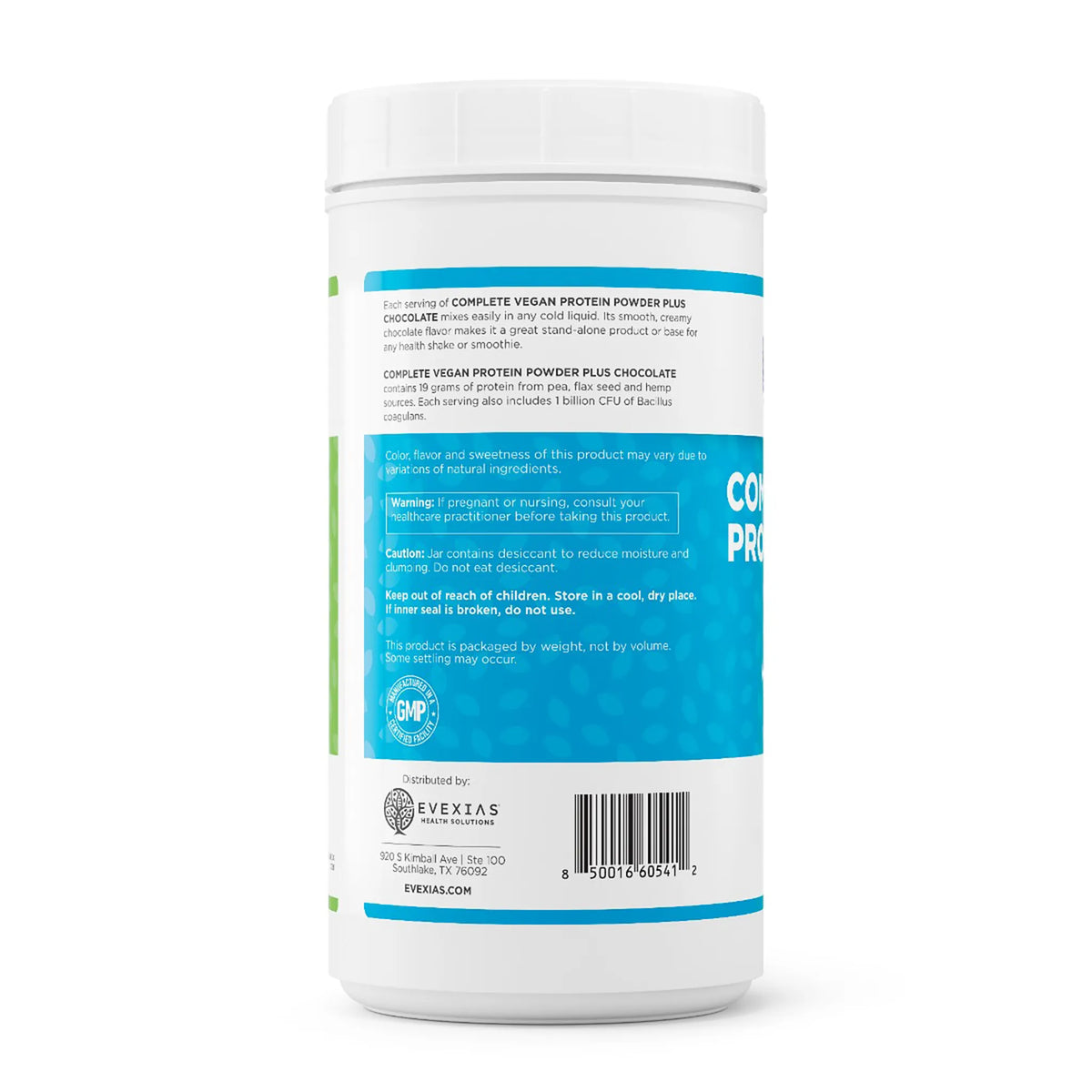 evexias health vegan protein powder plus chocolate bottle information