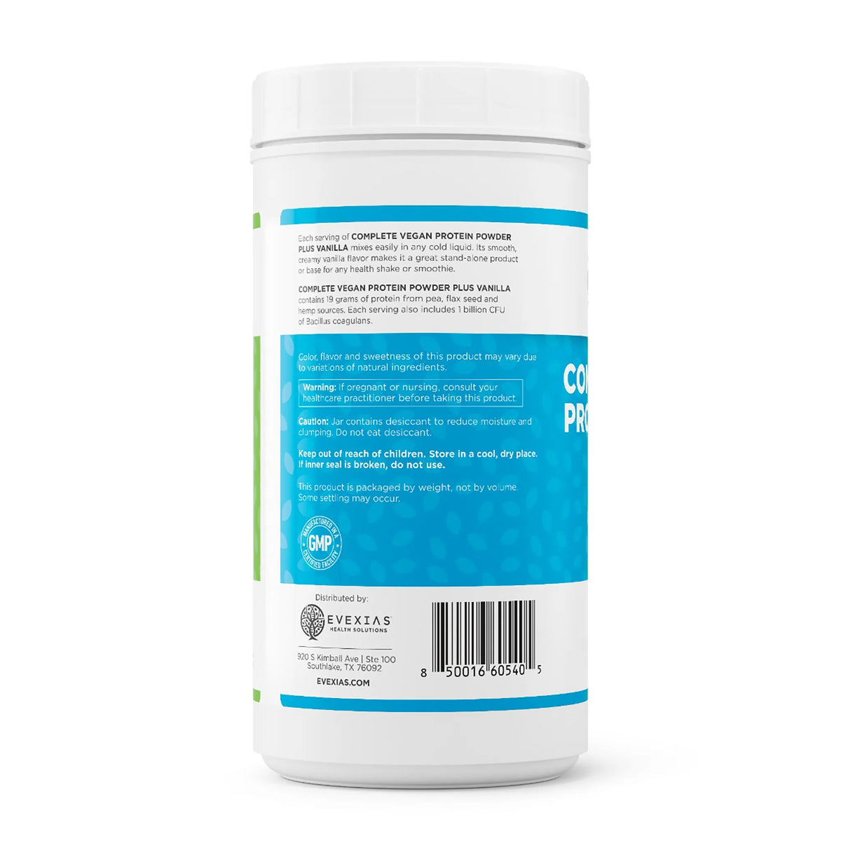 evexias health vegan protein powder plus vanilla bottle front